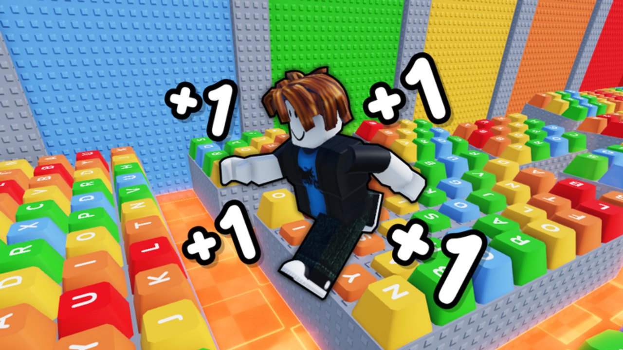 Roblox avatar sprinting across giant colorful keyboard keys in +1 ASMR Speed Escape